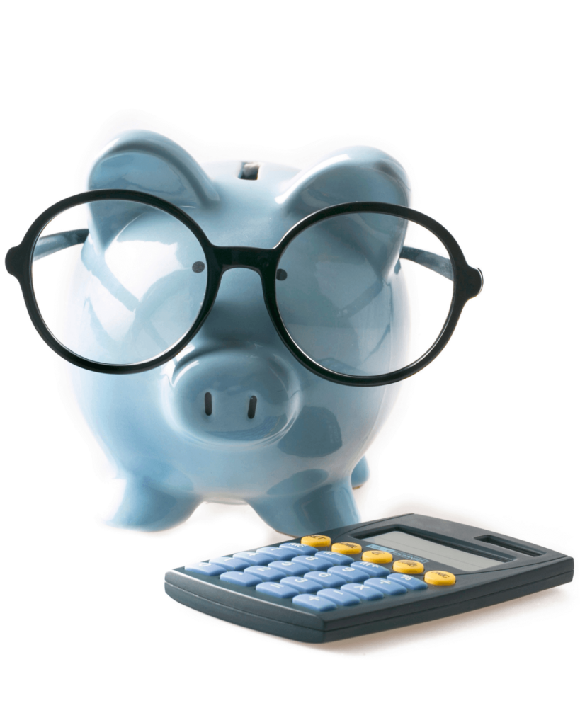 Mortgage Rate Predictions 2023: An image of a piggy bank wearing glasses, with a calculator.