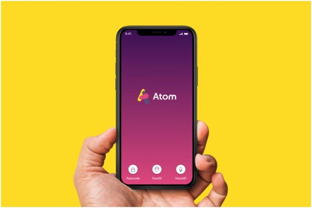 An image of the Atom Bank app on a mobile phone.