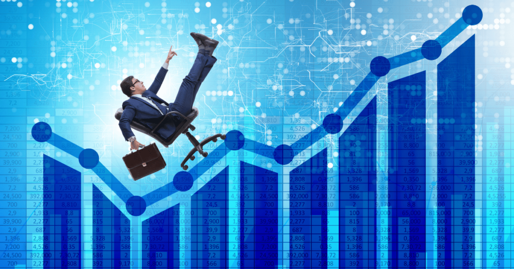 Data Resources Concept: A man with a briefcase rides a line chart on a wheely chair