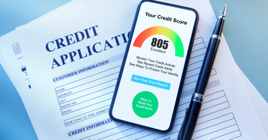 The Credit Myth: Image of a credit score and application.