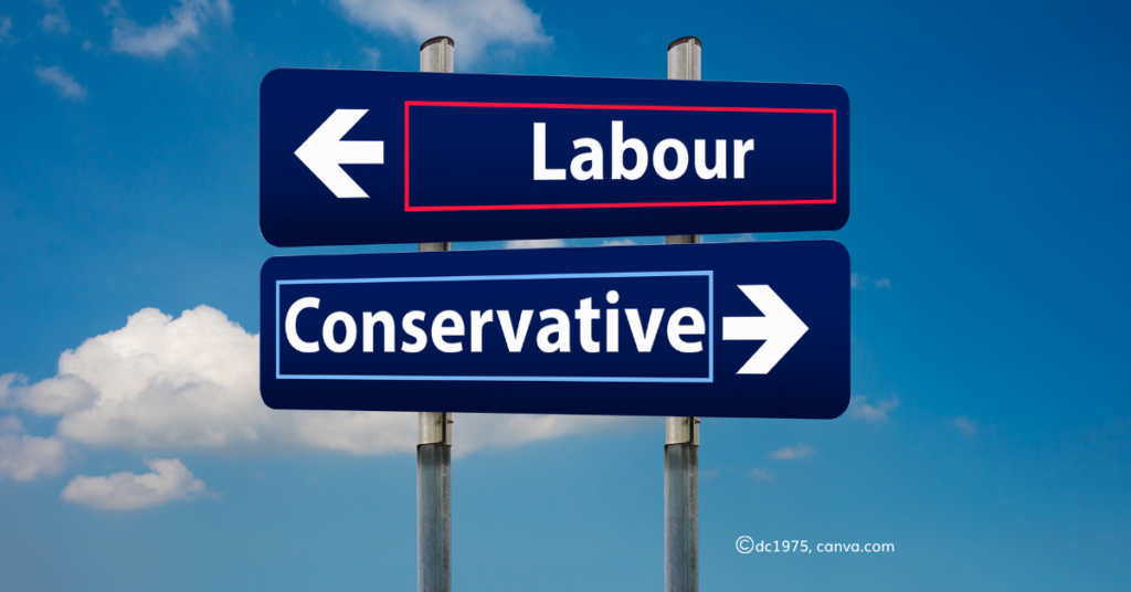 2 Signs showing opposite directions: Labour and Conservative, by dc1975, Canva.com