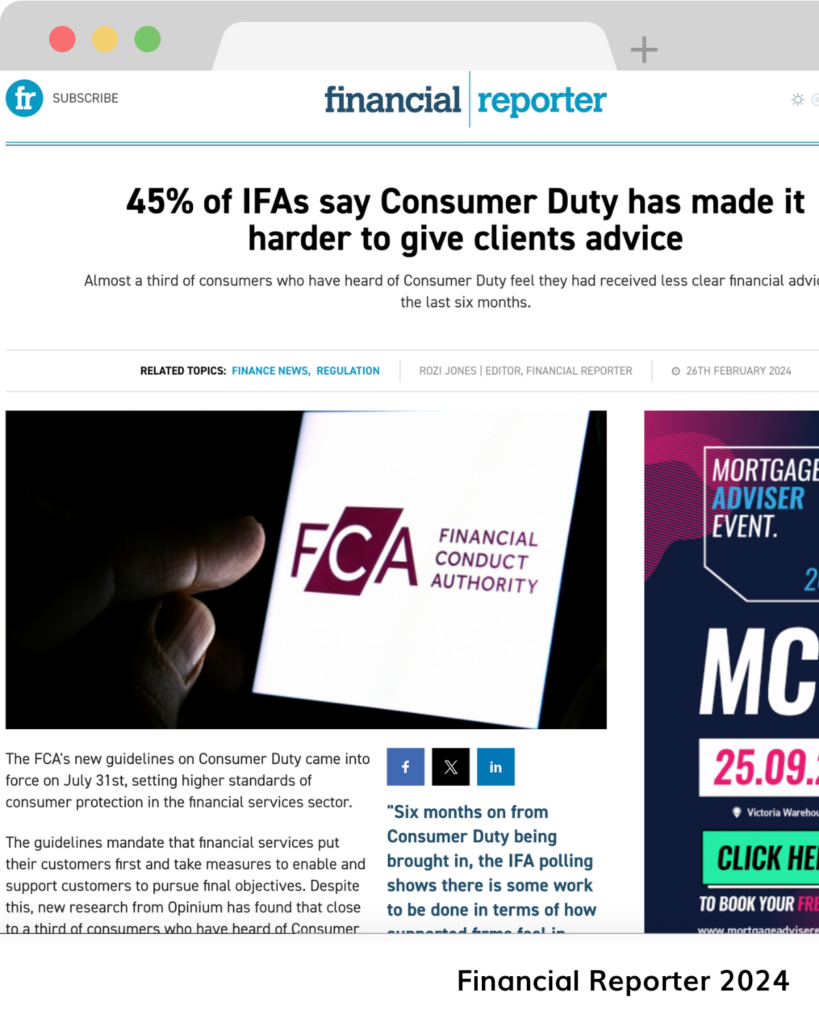 Press: Preview of article in the Financial Reporter: 45% of IFAs say Consumer Duty has made it harder to give clients advice